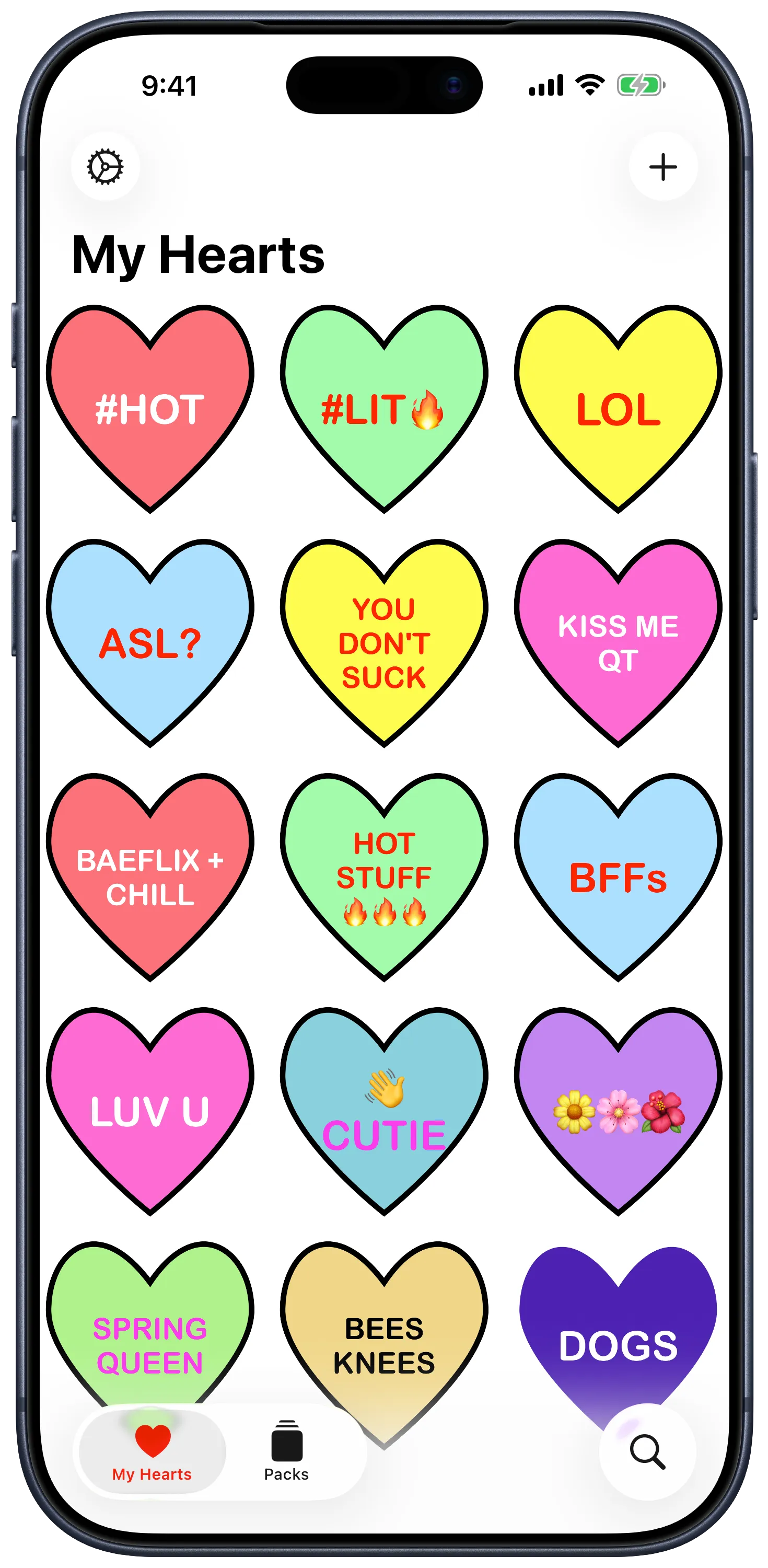 The Candygrams gallery showing hearts you've created.