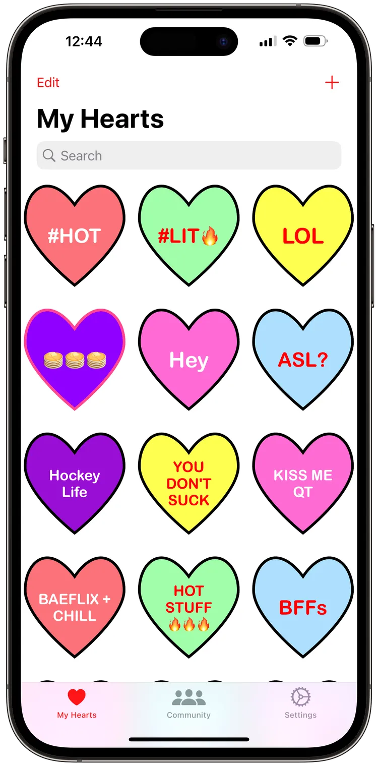 The Candygrams gallery showing hearts you've created.