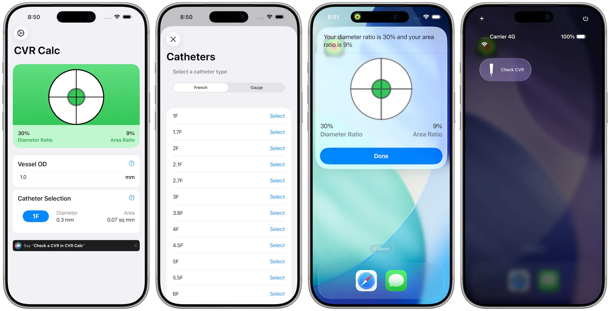 A line-up of CVR Calc screenshots shown on an iPhone. First, the visualizer showing a green rating for a 30% CVR, further down on the screen, sections for vessel OD input and catheter selection appear. In the second screenshot, a modal list of catheters in both French or Gauge sizes is shown. In the third screenshot, an App Intent snippet shows a good CVR result over the home screen. In the fourth screenshot, Control Center shows the CVR Calc control.