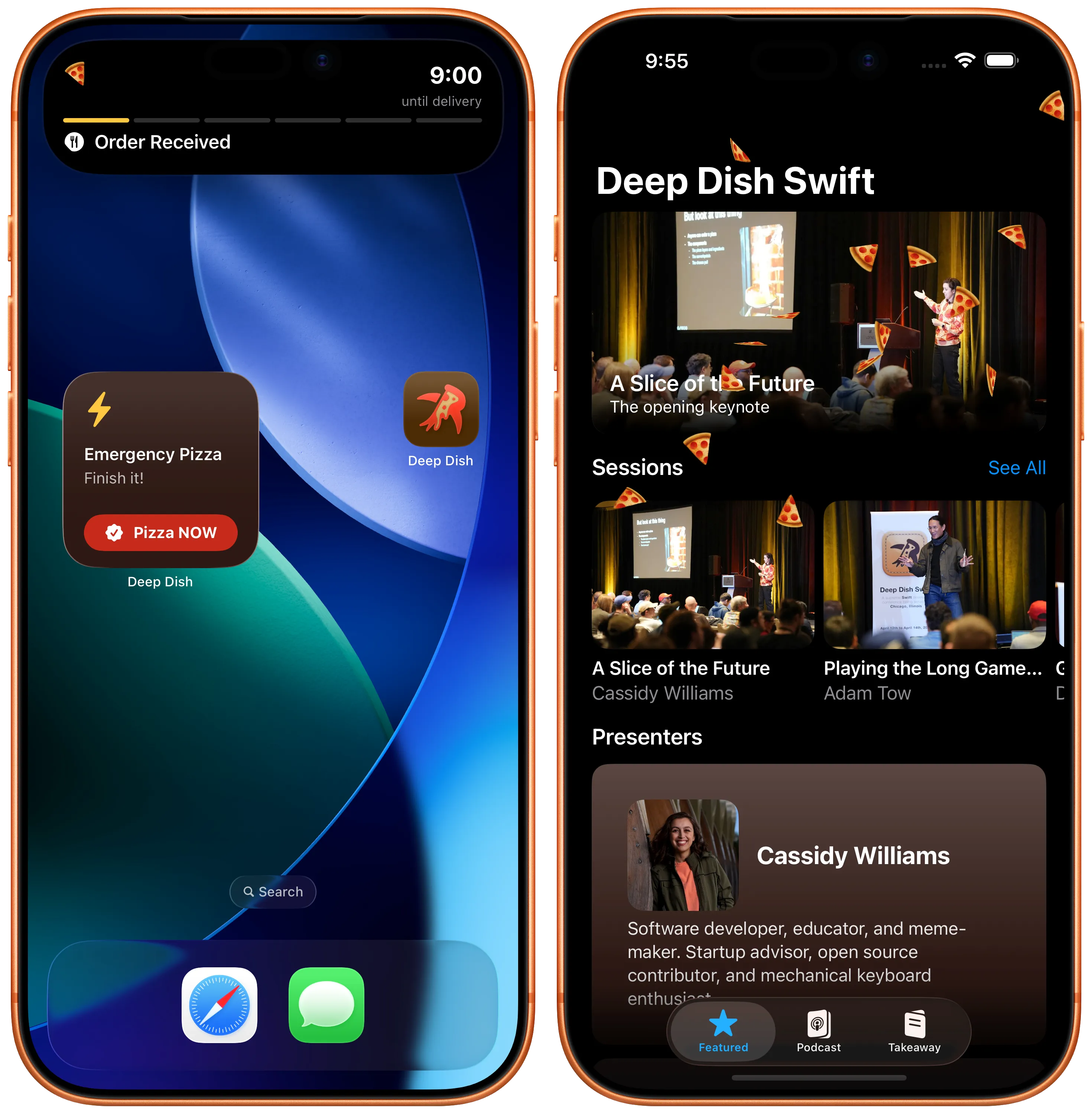 Screenshots shown on two iPhones. The first highlights a Live Activity showing a pizza order tracker above a widget styled like an emergency pizza button. The second shows the featured tab, but now with slowly falling pizza emoji confetti.