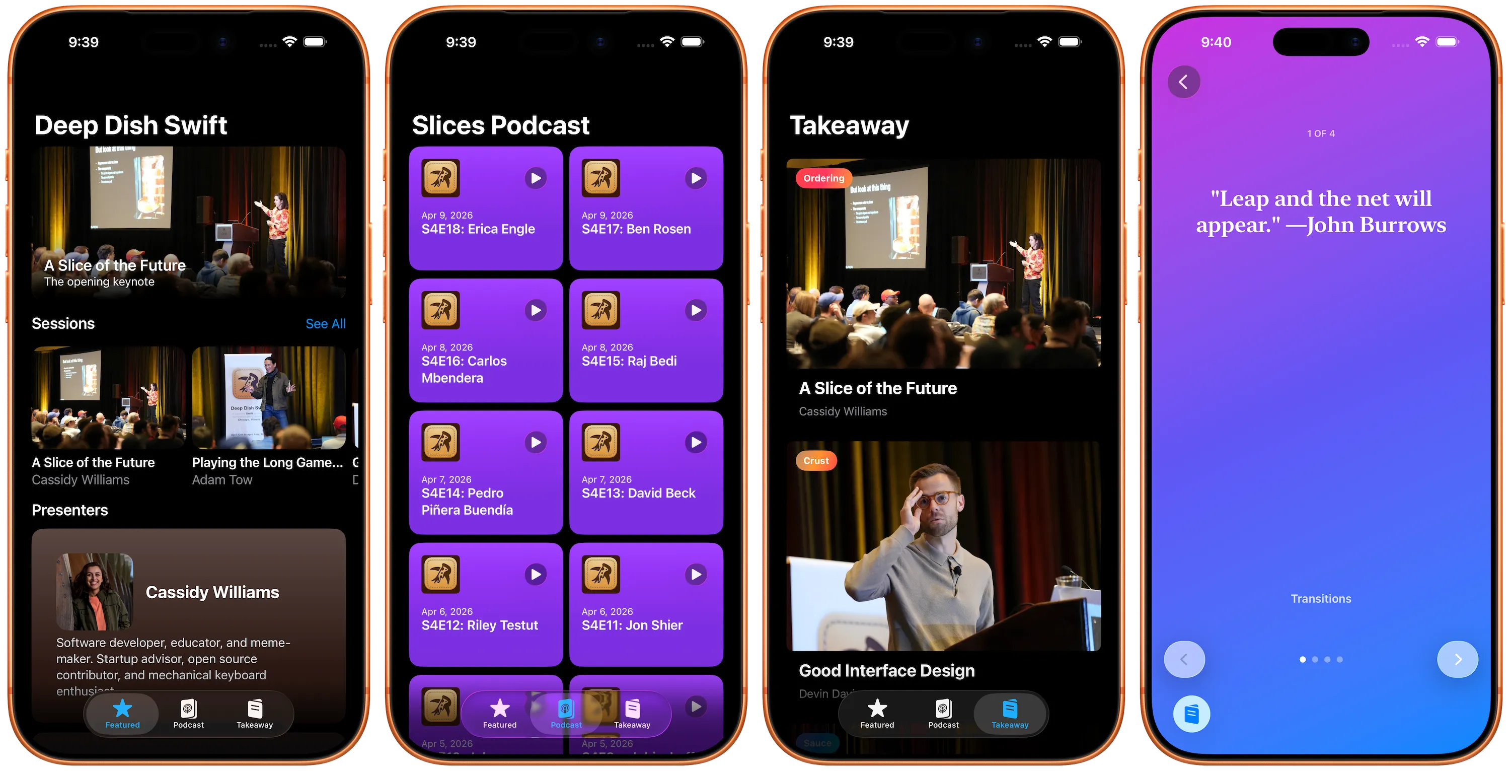 Four iPhones, each showing one of the featured tabs or screens from a Deep Dish Swift recap app.