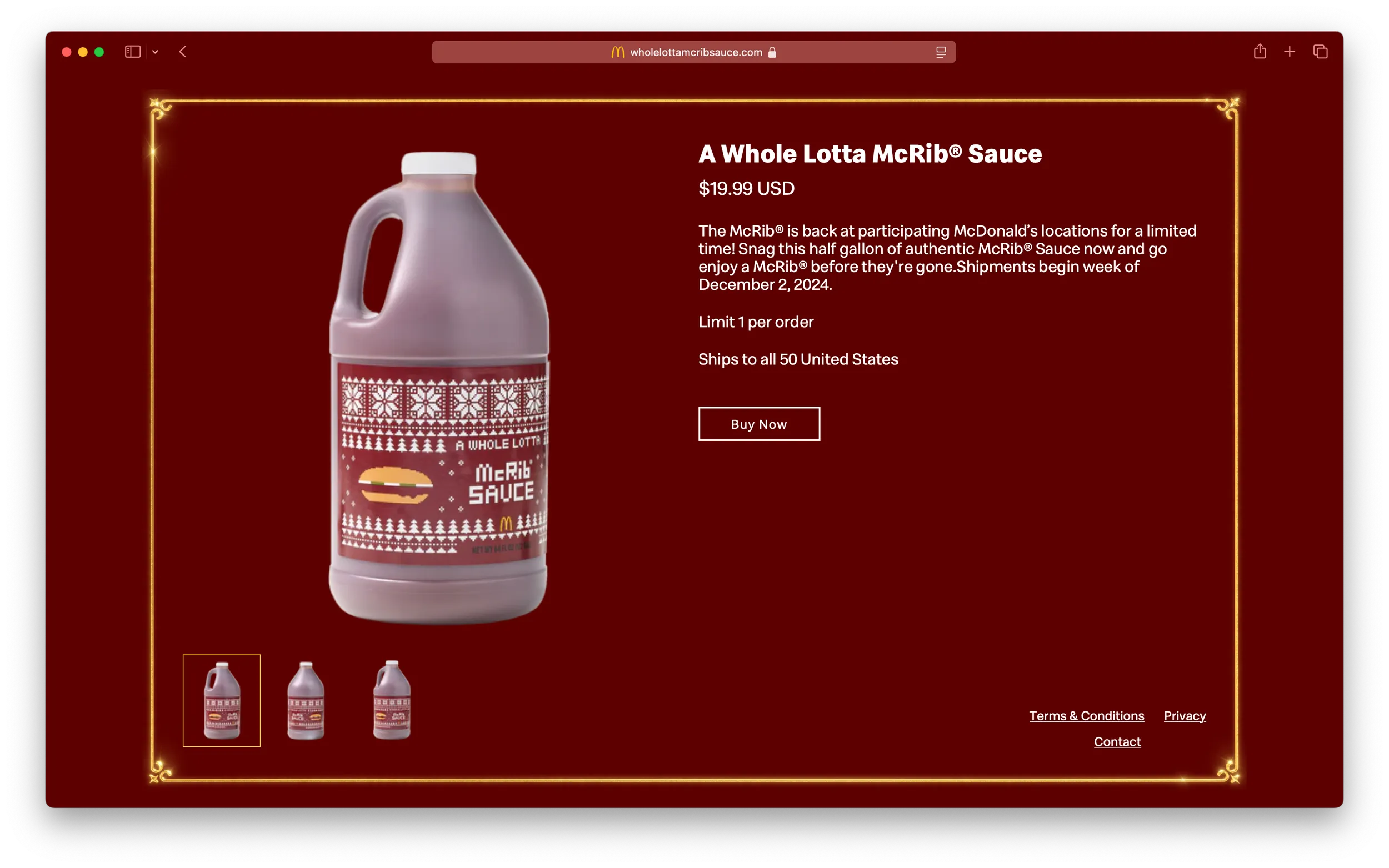 The product page for the half-gallon Whole Lotta McRib Sauce bottle