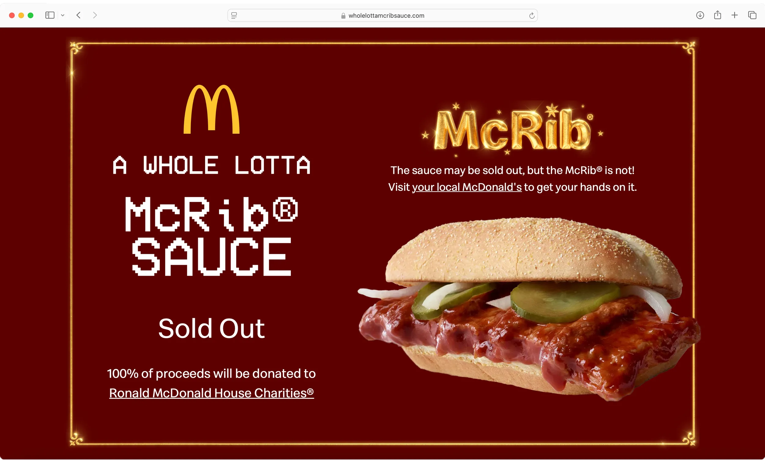 The Whole Lotta McRib Sauce home page showing stock has entirely sold out