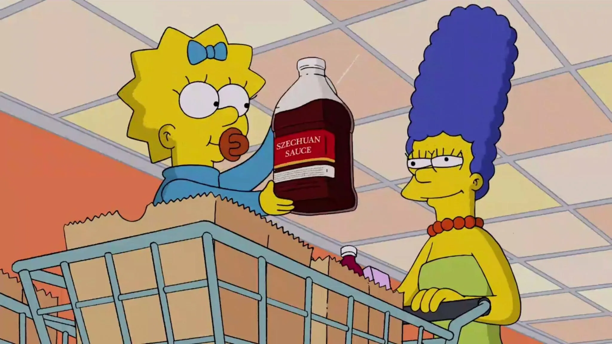 Maggie Simpson holding a bottle of Szechuan Sauce during the opening credits.
