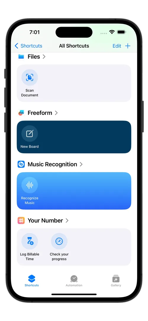 A screenshot from the Shortcuts app highlighting two app shortcuts for the Your Number app: Log Billable Time and Check Your Progress.