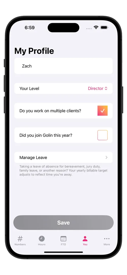 A profile screen showing details for Zach, a director-level employee who works on multiple clients.