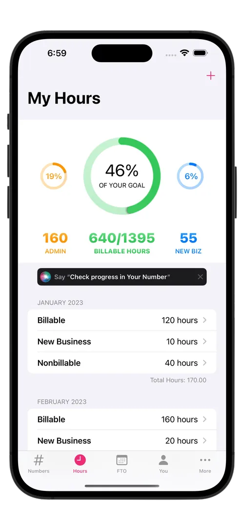 A screen showing the number of billable, new business, and nonbillable hours by month. A series of gauges show 160 hours (or 19% of overall time) to admin, 46% goal progress with 640 billable hours realized of 1395. A third gauge show 6% of time (or 55 hours) spent on new business.