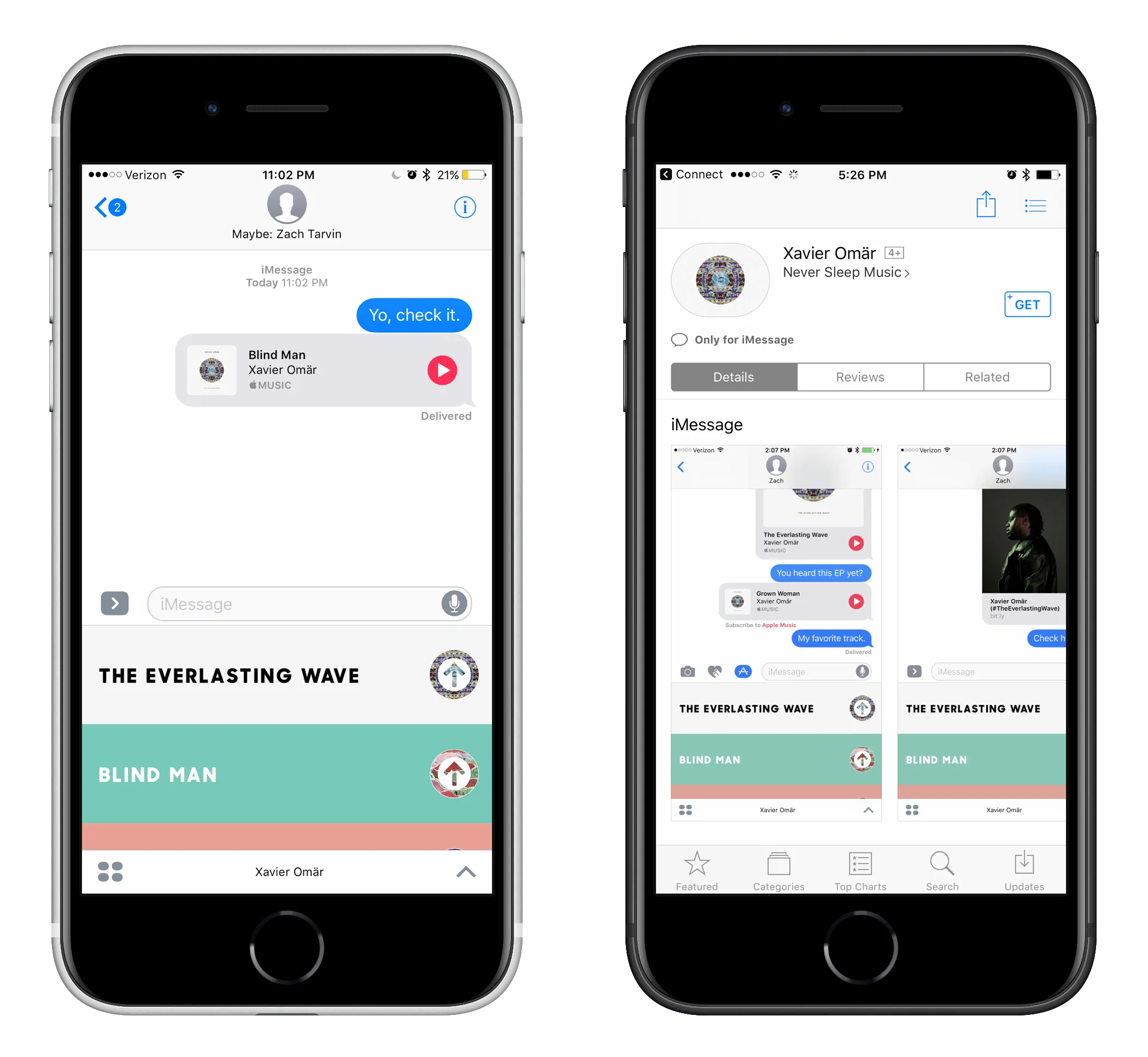 Two screenshots in iPhone SEs. The first shows the iMessage interface and a tracklist. The second shows the iMessage App Store page for Xavier Omar's 'The Everlasting Wave.'